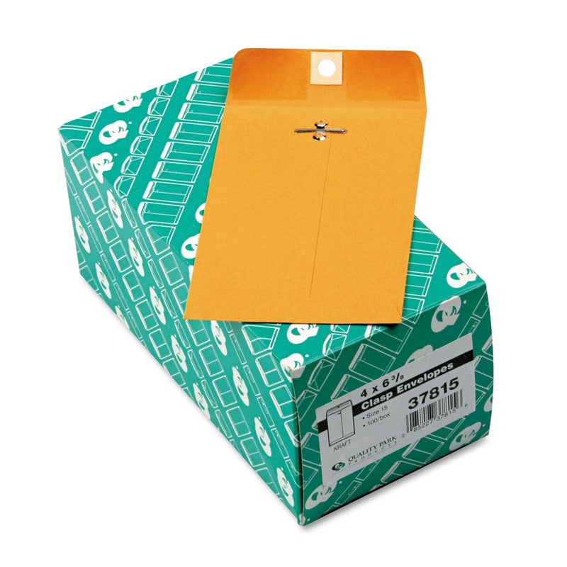 Quality Park 4 x 6-3/8 Clasp Envelopes, Clasp and Gummed Closures for Storing or Mailing, 28 lb Kraft, 100 per Box (QUA37815) - Image 1