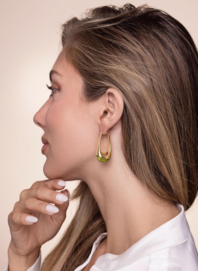 SNGIA Long Oval Chunky Dangle 18K gold plated Hoops with Colored Resin Gemstone Statement Earrings for Women by SNGIA, (Green, Brown, Blue, Pink, White, Cream), Bold Drop Handmade Exaggerated Irregular - Image 2