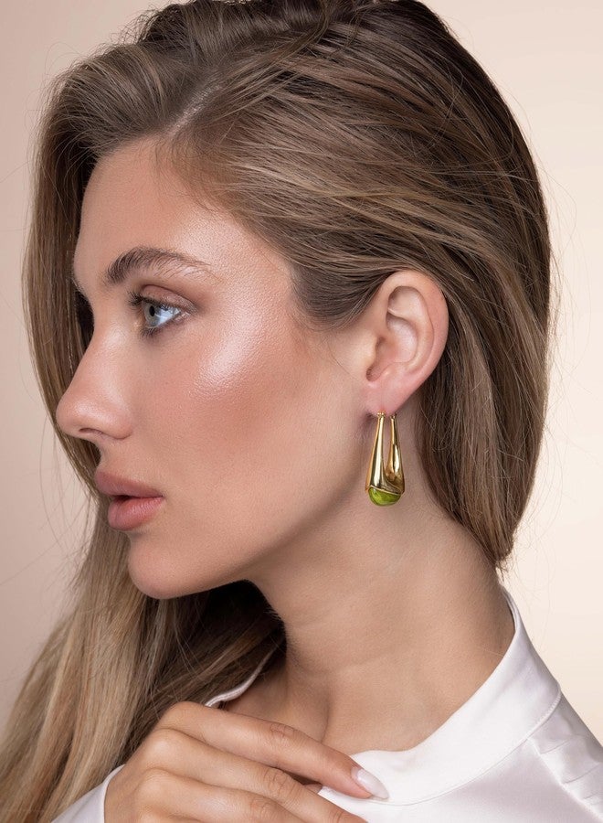 SNGIA Long Oval Chunky Dangle 18K gold plated Hoops with Colored Resin Gemstone Statement Earrings for Women by SNGIA, (Green, Brown, Blue, Pink, White, Cream), Bold Drop Handmade Exaggerated Irregular - Image 3