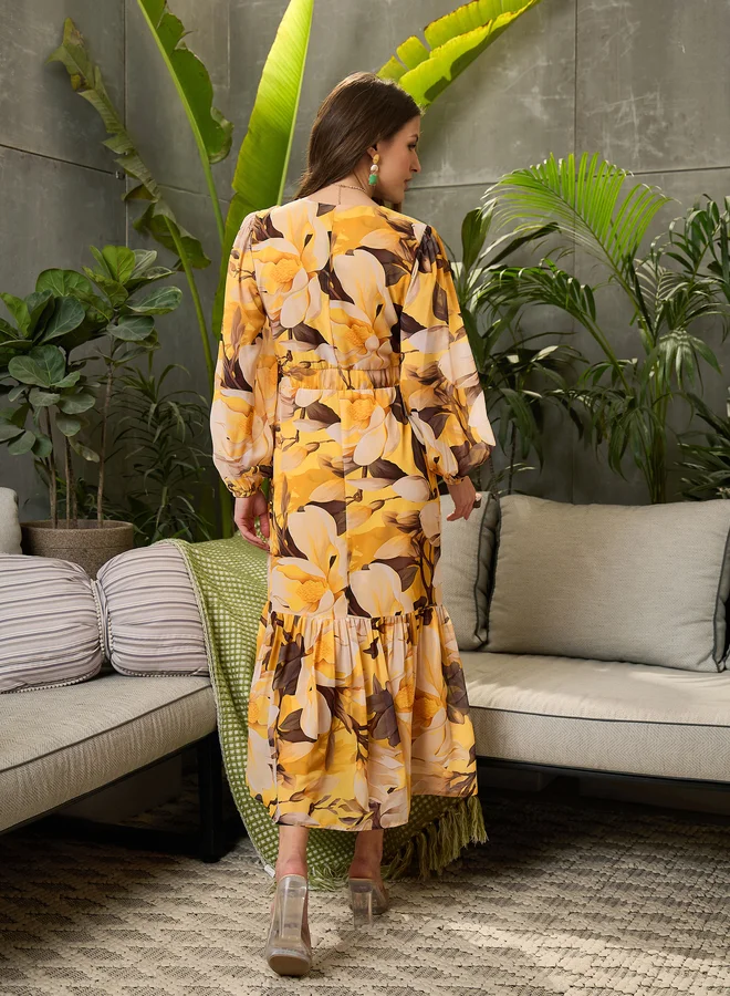 SASSAFRAS Floral Print Balloon Sleeve Maxi Dress