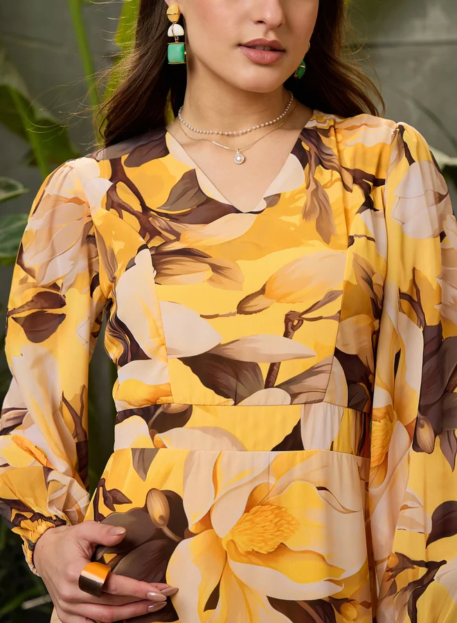 SASSAFRAS Floral Print Balloon Sleeve Maxi Dress
