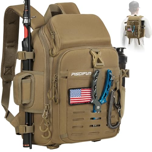 Piscifun Fishing Tackle Backpack with Rod Gear Holder Lightweight Outdoor WaterResistant Fishing Shoulder Storage Bag with Protective Rain Cover Khaki - Image 1