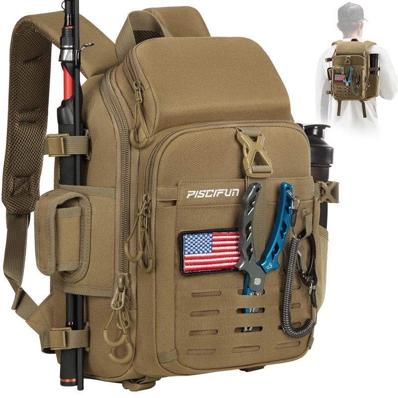 Piscifun Fishing Tackle Backpack with Rod Gear Holder Lightweight Outdoor WaterResistant Fishing Shoulder Storage Bag with Protective Rain Cover Khaki - Image 2