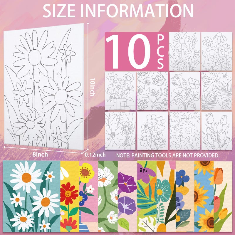 Nuberlic 10 Packs 8X10 Pre Drawn Canvas for Painting Floral Pre Printed Canvas Painting Kit Vibrant Botanical Pre Drawn Canvas to Teens Night Party Supplies - Image 3
