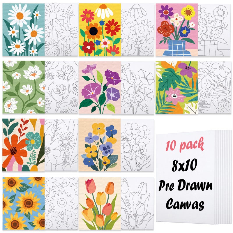 Nuberlic 10 Packs 8X10 Pre Drawn Canvas for Painting Floral Pre Printed Canvas Painting Kit Vibrant Botanical Pre Drawn Canvas to Teens Night Party Supplies - Image 2