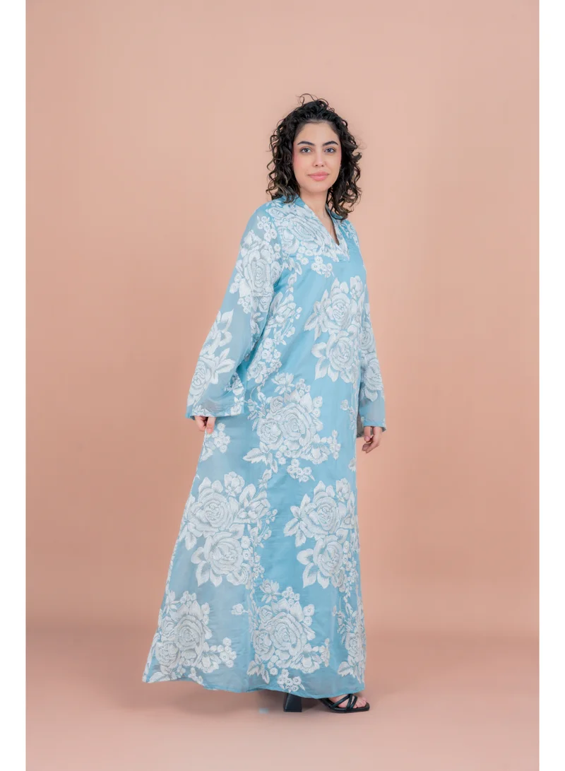 IKKXA Floral Embroidered Jalabiya IK6008 Blue