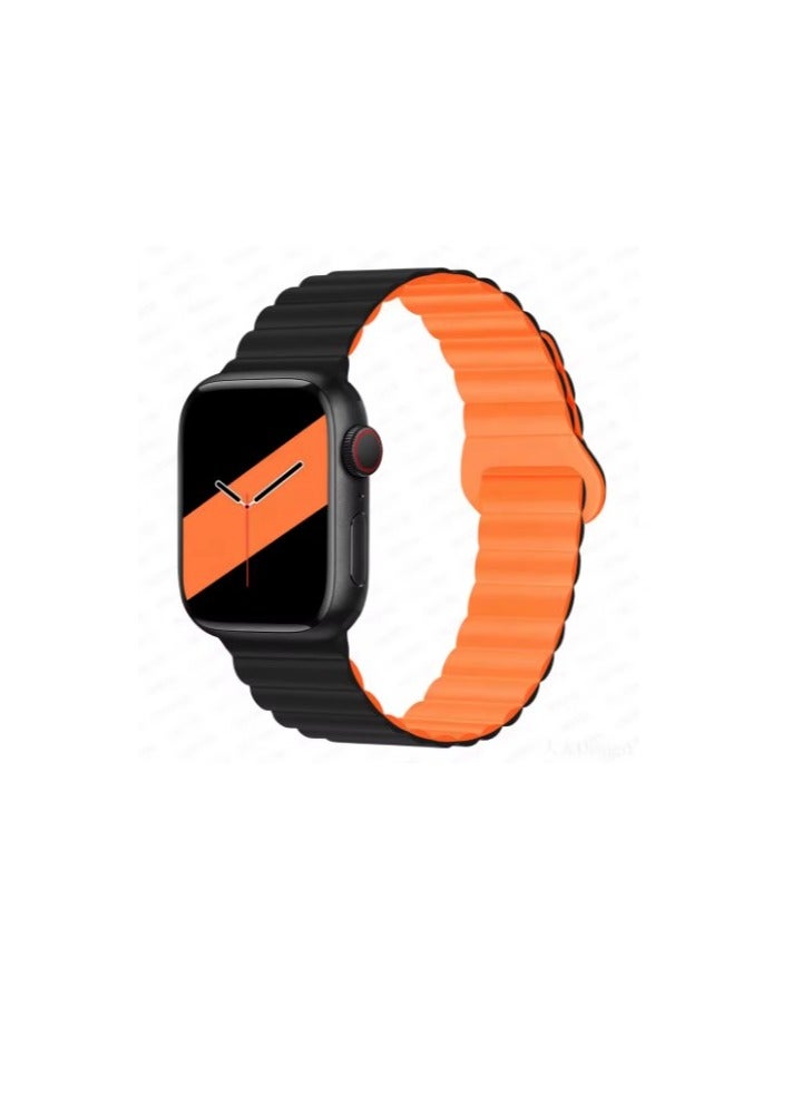 حزام سيليكون مغناطيسي لساعة أبل 44 مم 40 مم 45 مم 49 مم 41 مم 42 46 مم سوار iWatch series 8 SE 6 7 Ultra 2 9 10 - أسود وبرتقالي