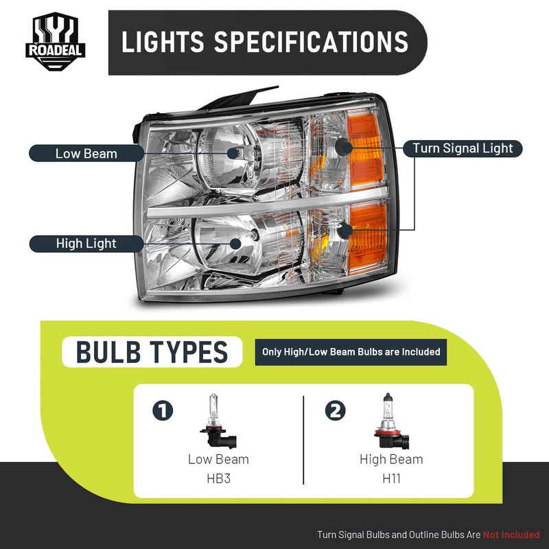ROADEAL Headlights W/Bulbs for 2007-2013 Chevy Silverado 1500, for 2007-2014 Silverado 2500HD 3500HD Halogen Headlamp Replacement Driver & Passenger Side - Image 3
