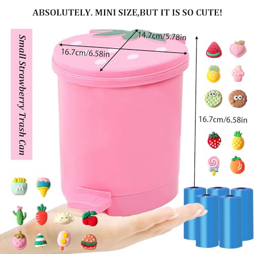 BxuxJar Strawberry Trash Can, 1 Gallon Desk Plastic Cute Trash Can Kawaii Small Srawberry Garbage Can for Bedroom with 5 Rolls Garbage Bag and 20 PCS 3D Cartoon Stickers(Random Style) - Image 2