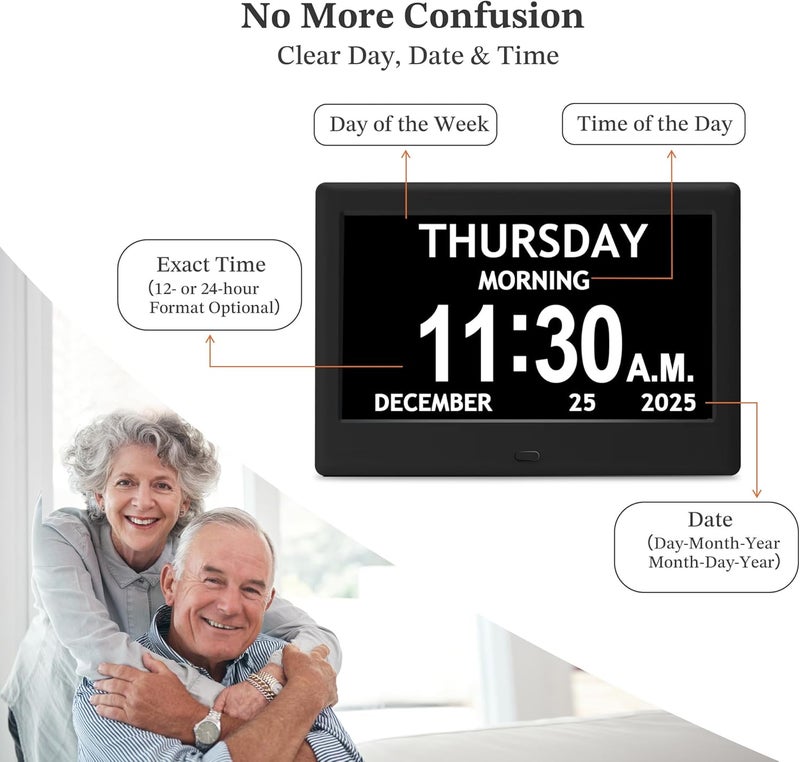 FLYRUIT 7'' Dementia Clock For Seniors, Large Display Digital Clock With Date, Time, Day Of Week for Elderly, Memory Loss, Alzheimer, 1024*600P HD, 10 Reminders & 6 Alarms, Auto Dimming & DST, Remote Control - Image 5