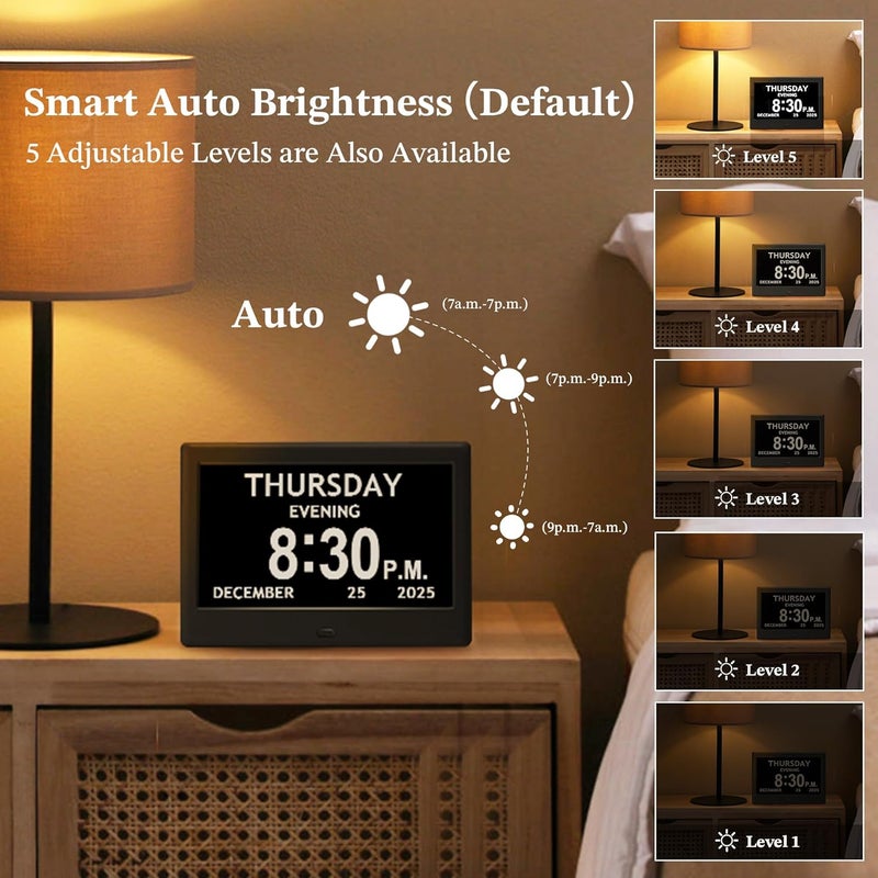 FLYRUIT 7'' Dementia Clock For Seniors, Large Display Digital Clock With Date, Time, Day Of Week for Elderly, Memory Loss, Alzheimer, 1024*600P HD, 10 Reminders & 6 Alarms, Auto Dimming & DST, Remote Control - Image 4