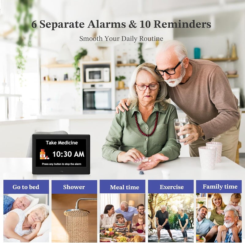 FLYRUIT 7'' Dementia Clock For Seniors, Large Display Digital Clock With Date, Time, Day Of Week for Elderly, Memory Loss, Alzheimer, 1024*600P HD, 10 Reminders & 6 Alarms, Auto Dimming & DST, Remote Control - Image 3