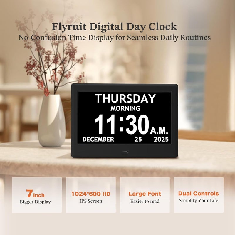 FLYRUIT 7'' Dementia Clock For Seniors, Large Display Digital Clock With Date, Time, Day Of Week for Elderly, Memory Loss, Alzheimer, 1024*600P HD, 10 Reminders & 6 Alarms, Auto Dimming & DST, Remote Control - Image 2