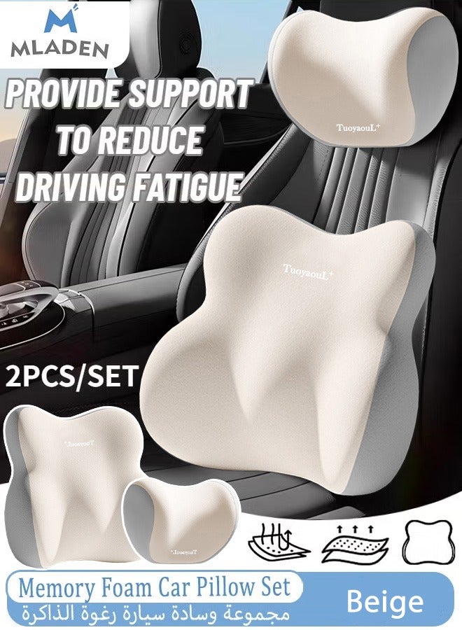 MLADEN 2 قطعة/مجموعة وسادة السيارة وسادة دعم قطنية ميموري فوم للظهر ووسادة للرقبة للسيارة طقم وسادة مسند رأس مريح لمساند الرأس في المكتب وسادة دعم الظهر للسيارة مع حزام قابل للتعديل (بيج) - Image 1