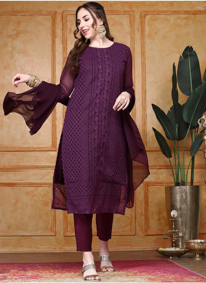 آي شين Regular Fit Three-Quarter Sleeve Printed Purple Silk Woven Kurta Set For Women Flat Collar Perfect For Wedding And Engagement Pull On Closure