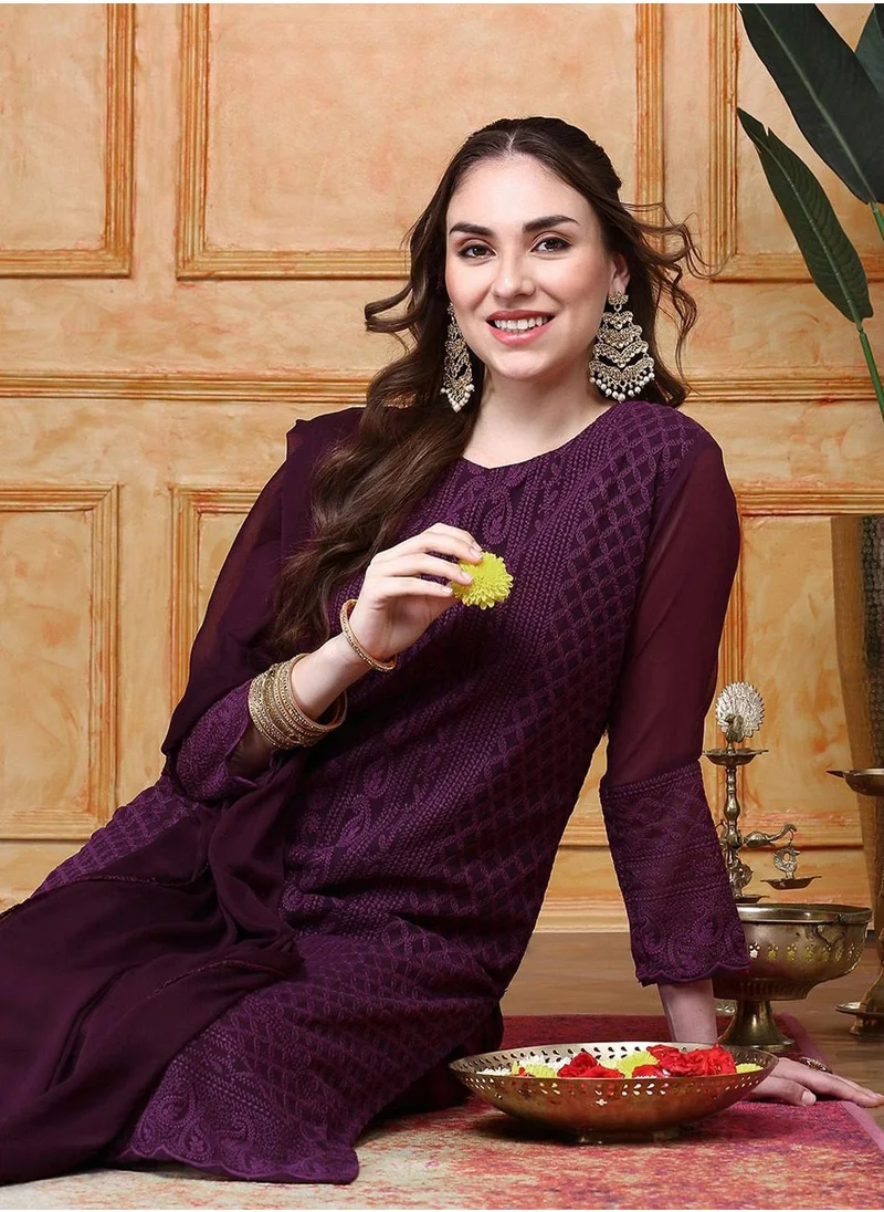 ISHIN Regular Fit Three-Quarter Sleeve Printed Purple Silk Woven Kurta Set For Women Flat Collar Perfect For Wedding And Engagement Pull On Closure