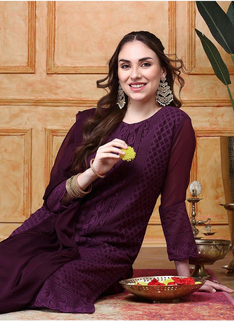 ISHIN - Women's Purple Georgette Printed Tunic Full Length Casual Regular Fit Kurta Set - Image 1