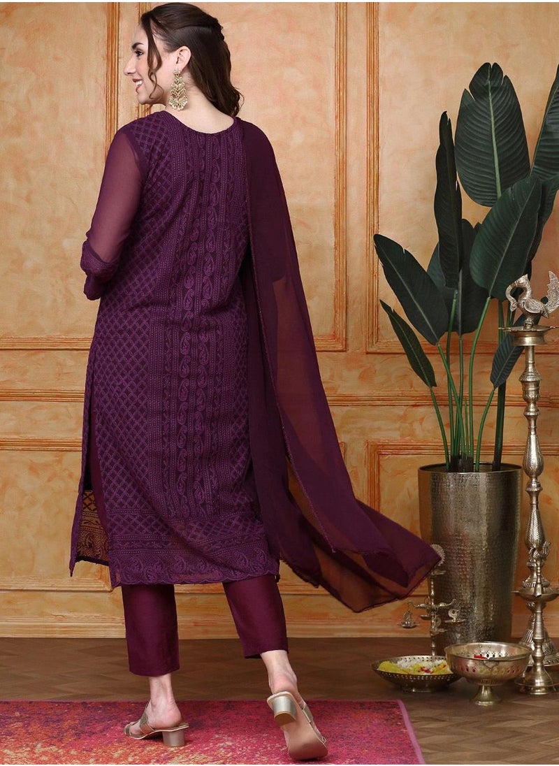 ISHIN - Women's Purple Georgette Printed Tunic Full Length Casual Regular Fit Kurta Set - Image 1