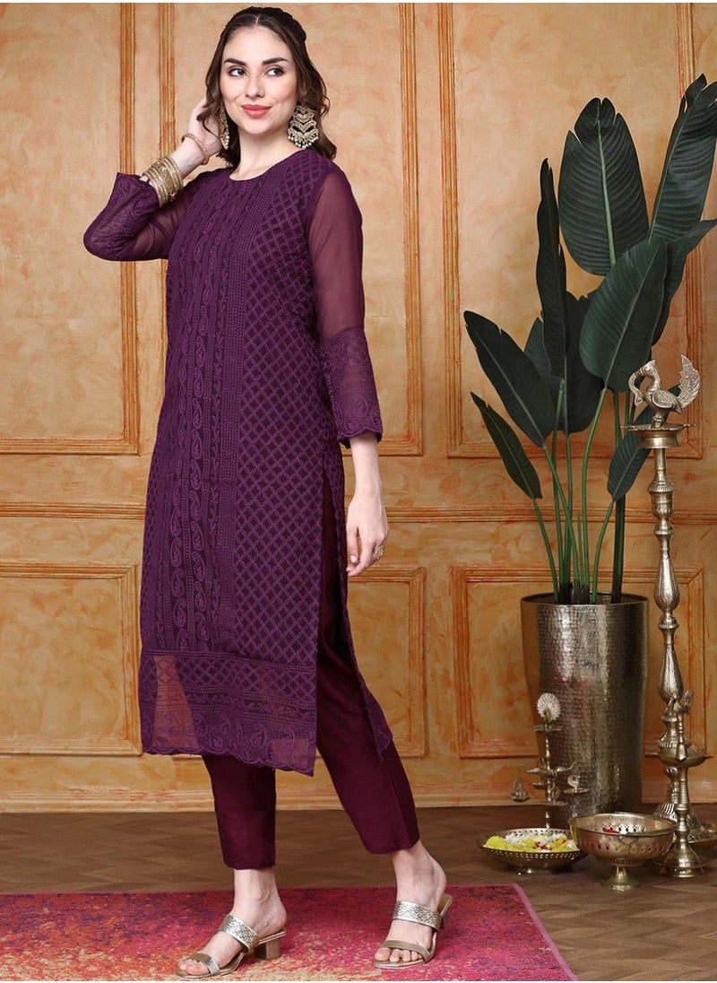 ISHIN - Women's Purple Georgette Printed Tunic Full Length Casual Regular Fit Kurta Set - Image 1