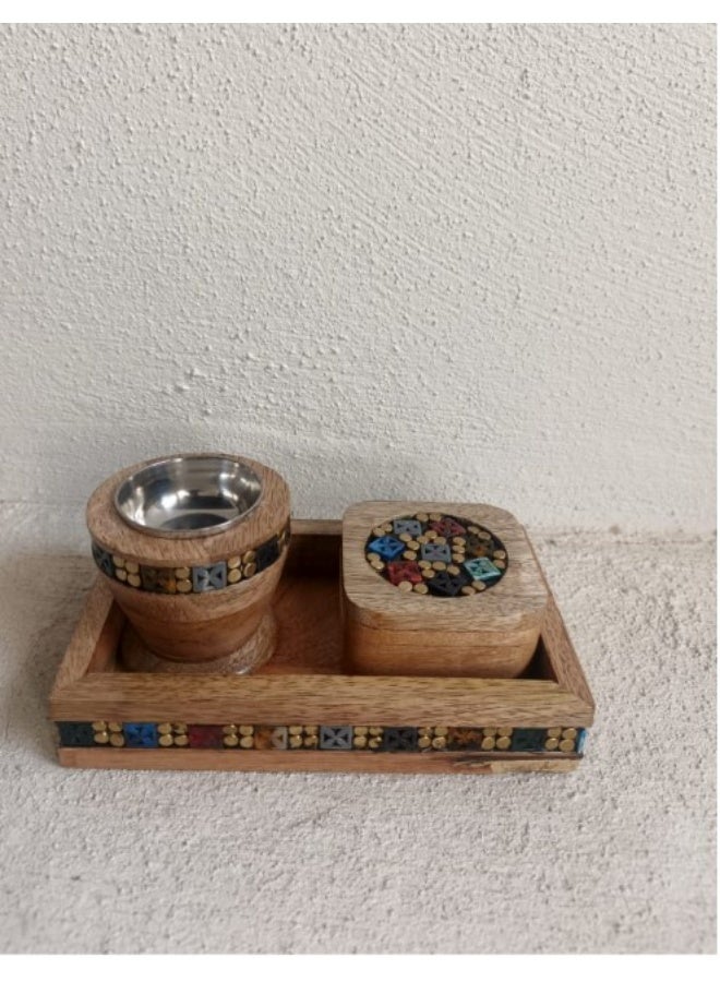 A natural and elegant wooden incense burner set, decorated with seashell engravings on the side, consisting of (3 pieces), including an incense box, made in India  - Image 2