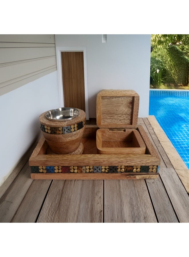 A natural and elegant wooden incense burner set, decorated with seashell engravings on the side, consisting of (3 pieces), including an incense box, made in India  - Image 1