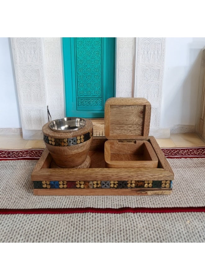 A natural and elegant wooden incense burner set, decorated with seashell engravings on the side, consisting of (3 pieces), including an incense box, made in India  - Image 3