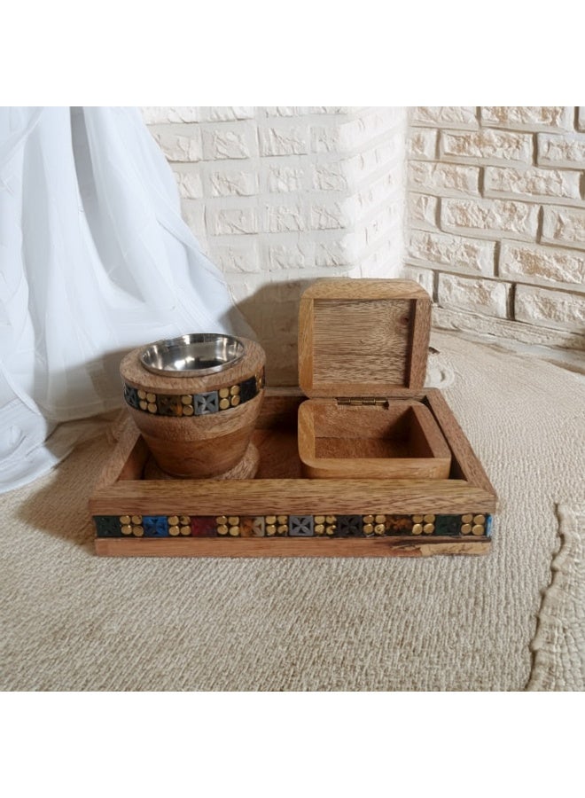 A natural and elegant wooden incense burner set, decorated with seashell engravings on the side, consisting of (3 pieces), including an incense box, made in India  - Image 4