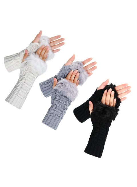 3 Pairs of Mid-Length Fingerless Gloves with Faux Fur & Crochet - Cozy Winter Arm Warmers Featuring Thumb Holes for Extra Warmth and Style.