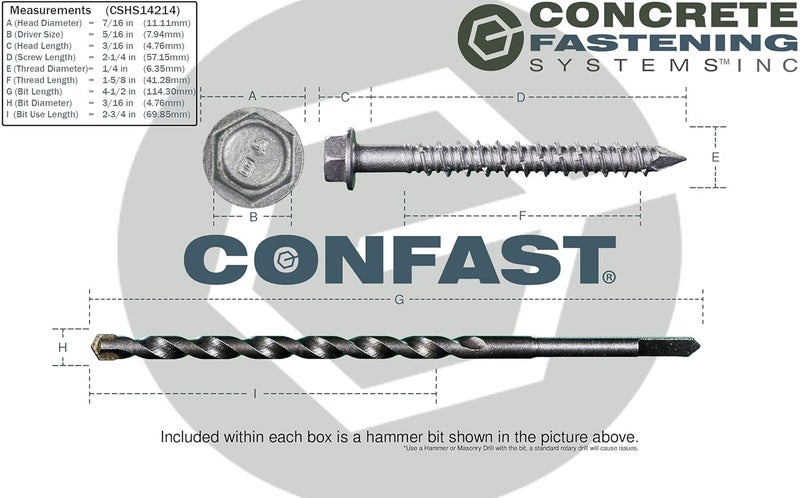 CONFAST 1/4" x 2-1/4" Concrete Screws 410 Stainless Steel Hex with Concrete Drill Bit for Anchoring to Masonry, Block or Brick (50 per Box) - Image 5