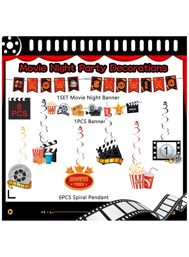 حفلة مثمرة مجموعة ديكورات حفلات أعياد ميلاد ليلة الأفلام المكونة من 8 قطع، دوامة معلقة ليلة الأفلام، ولافتة ليلة الأفلام المعروضة الآن لتزيين الحفلات ذات الطابع السينمائي - Image 2