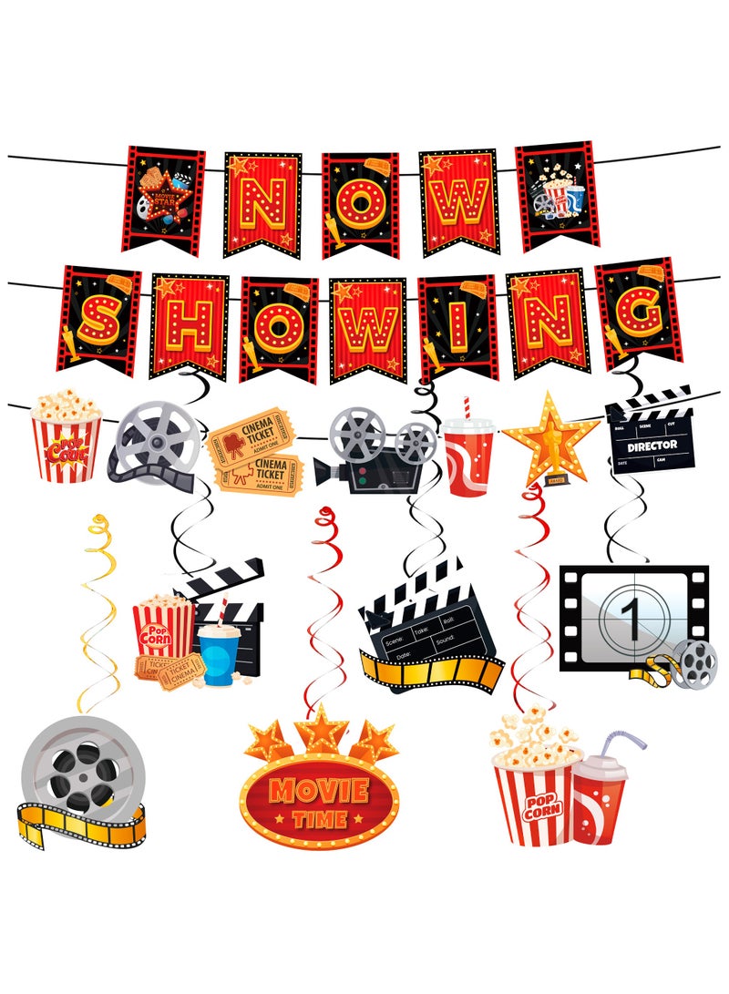 حفلة مثمرة مجموعة ديكورات حفلات أعياد ميلاد ليلة الأفلام المكونة من 8 قطع، دوامة معلقة ليلة الأفلام، ولافتة ليلة الأفلام المعروضة الآن لتزيين الحفلات ذات الطابع السينمائي - Image 1