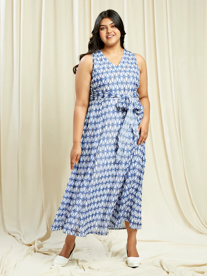 globus Gloplus Women Blue V-Neck Abstract Print Waist Tie-Up Plus Size Fit & Flare Midi Dress