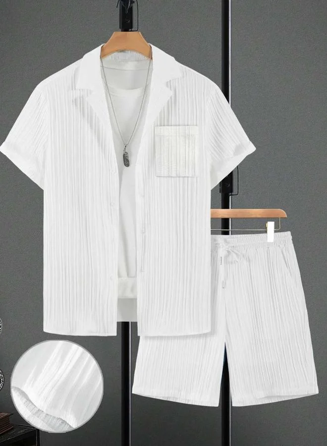 Take Two White Textured Pocket Detail Shirt and Shorts Co-Ord Set