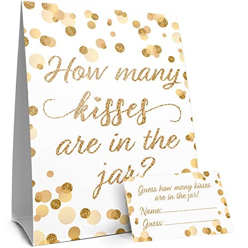 DISTINCTIVS How Many Kisses in The Jar Game  White and Gold 1Sign with 30 Guessing Cards  Bridal Shower 50th Wedding Anniversary Birthday Party Game