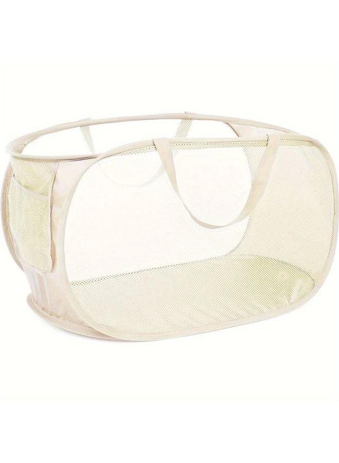 Foldable Laundry Basket With Reinforced Handles And Side Pockets Beige - Image 1