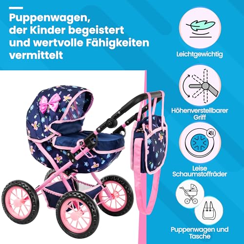 Kinderplay Adjustable Baby Doll Stroller Toy with Foldable Hood Lightweight Design for Dolls Up to 16 Inches Quiet Foam Wheels MachineWashable Bassinet Pram Indoor and Outdoor Play Model KP0262I - Image 5