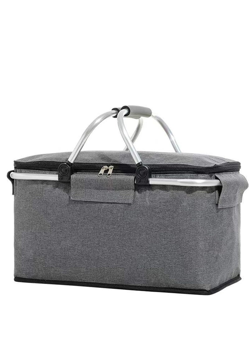 TRASSLE Picnic Basket Bag,Portable Collapsible Shopping Basket with Aluminium Handles,Lunch Box Organizer,Insulated Cooler Bag,Grocery Bag,for Shopping, Travel, Camping (Grey)  - Image 1