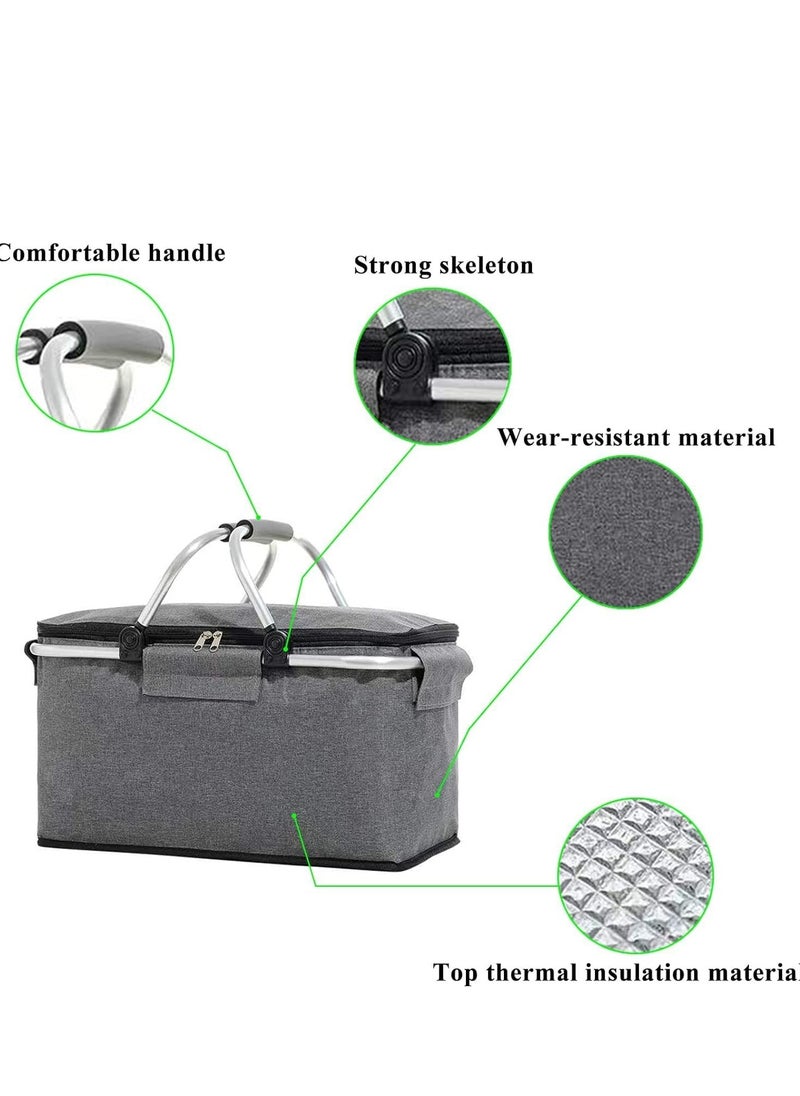 TRASSLE Picnic Basket Bag,Portable Collapsible Shopping Basket with Aluminium Handles,Lunch Box Organizer,Insulated Cooler Bag,Grocery Bag,for Shopping, Travel, Camping (Grey)  - Image 2