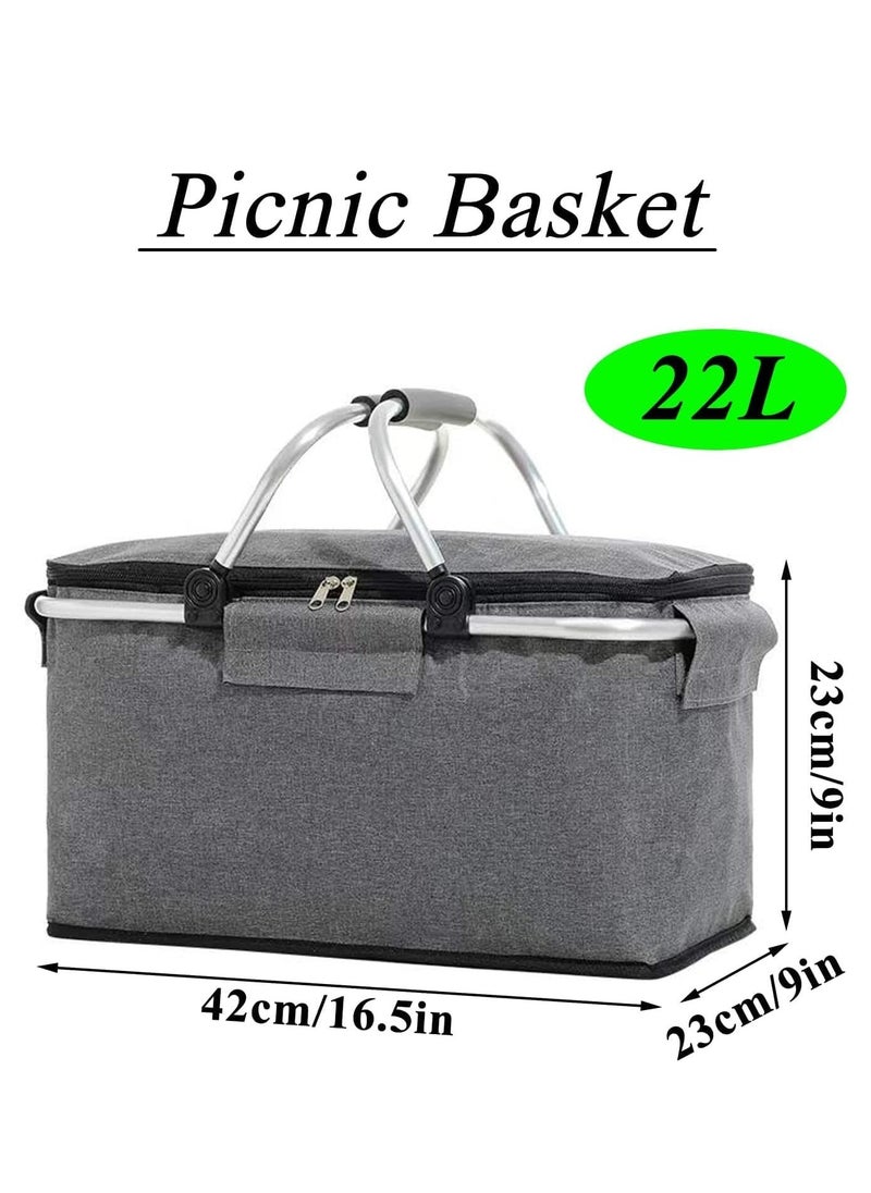 TRASSLE Picnic Basket Bag,Portable Collapsible Shopping Basket with Aluminium Handles,Lunch Box Organizer,Insulated Cooler Bag,Grocery Bag,for Shopping, Travel, Camping (Grey)  - Image 4