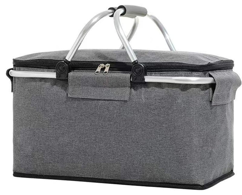 تراسل حقيبة سلة نزهة، سلة تسوق محمولة قابلة للطي مع مقابض ألومنيوم، منظم صندوق غداء، حقيبة تبريد معزولة، حقيبة بقالة للتسوق والسفر والتخييم (رمادي) - Image 1