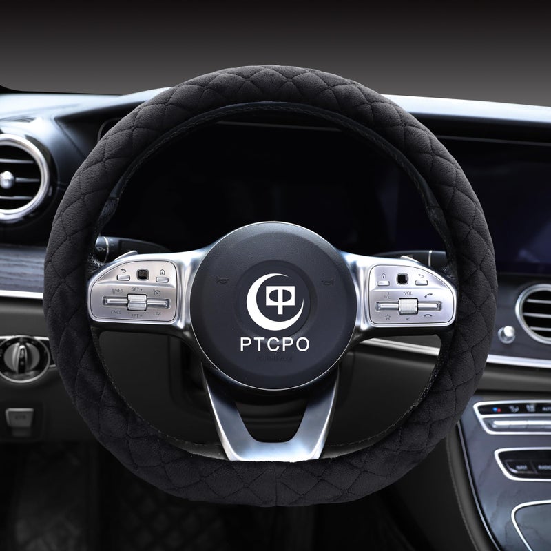 PTCPO Soft Car Steering Wheel Cover for Sedan, SUV, Warm Luxury Velvet, Odorless, Universal, Anti Slip, Summer Winter, Black, D Shape(Flat Bottom) - Image 1