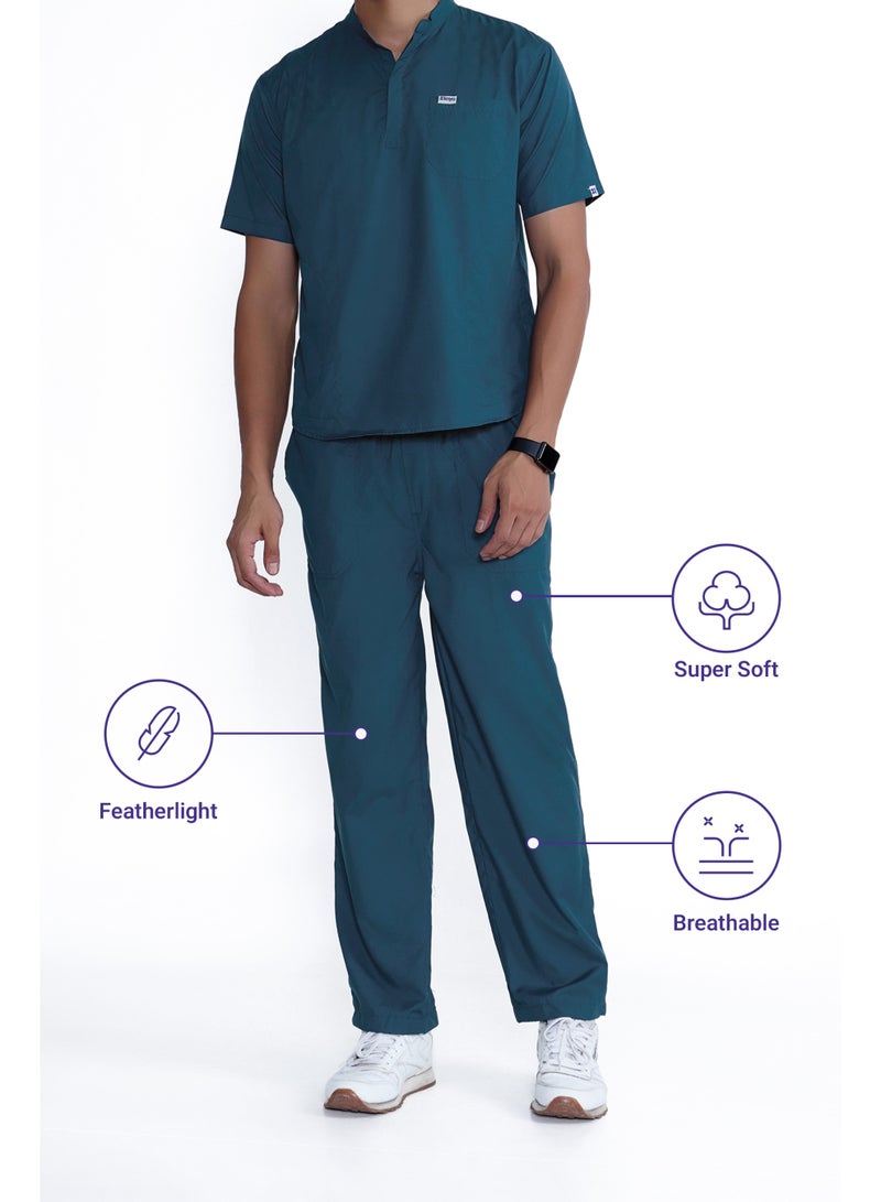 KNYA بدلة طبية رجالية كلاسيكية من KNYA بياقة صينية وخمسة جيوب | قصة عادية | أكمام قصيرة | للأطباء (أخضر غامق، مقاس 2XL) - Image 4