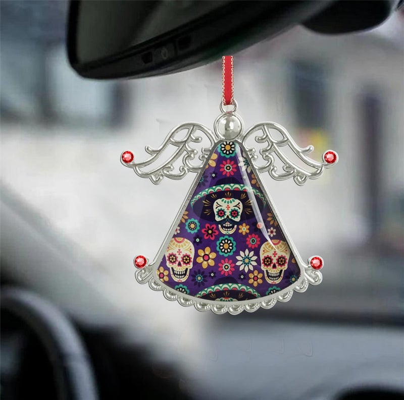 Xutai XUTAI Angel Christmas Tree Ornaments Sugar Skulls Christmas Ornament Flowers on Dark Glass Christmas Hanging Angel Glass Pendant for Holiday Decoration - Image 5