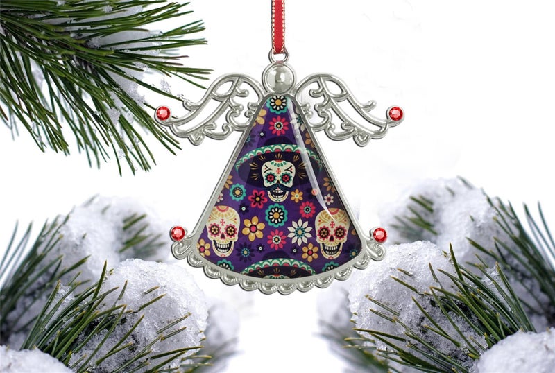 Xutai XUTAI Angel Christmas Tree Ornaments Sugar Skulls Christmas Ornament Flowers on Dark Glass Christmas Hanging Angel Glass Pendant for Holiday Decoration - Image 3