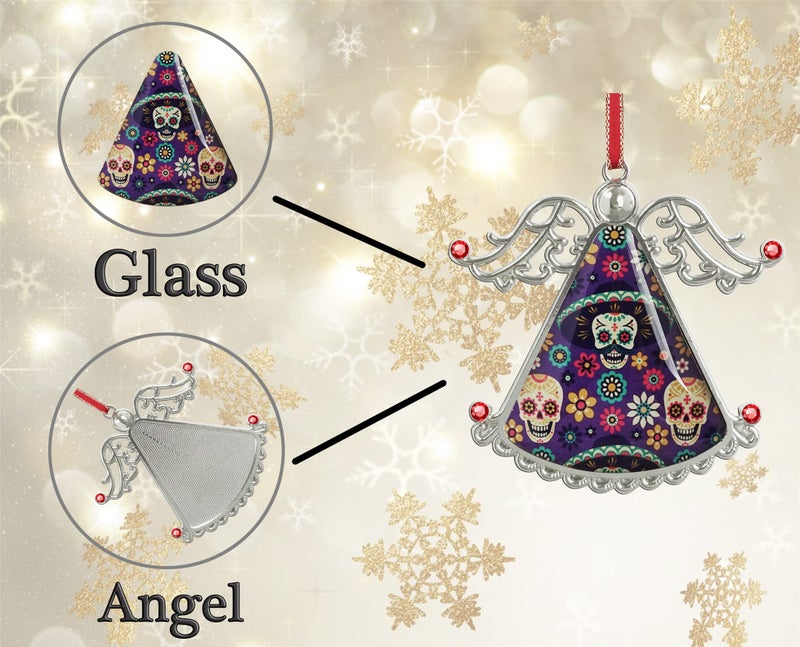 Xutai XUTAI Angel Christmas Tree Ornaments Sugar Skulls Christmas Ornament Flowers on Dark Glass Christmas Hanging Angel Glass Pendant for Holiday Decoration - Image 4