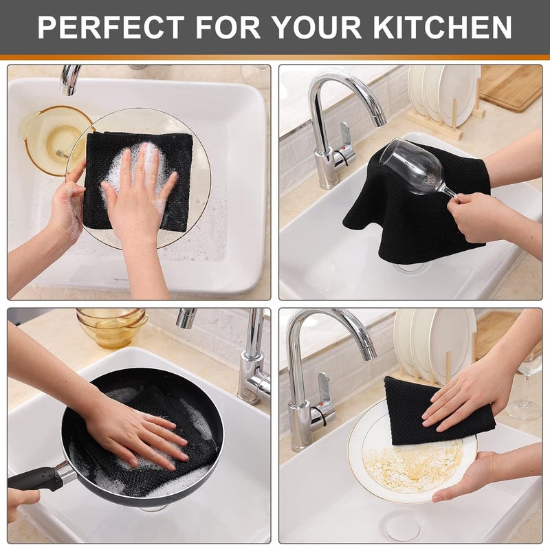 Kitinjoy 100 Cotton Kitchen Dish Cloths 12 Pack Waffle Weave Ultra Soft Absorbent Dish Towels for Drying Dishes Quick Drying Kitchen Towels Dish Rags 12 X 12Inch Black - Image 4