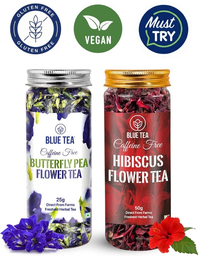 BLUE TEA Combo Pack | Butterfly Pea Tea 25g & Hibiscus Tea 50g | Farm Packed | Caffeine Free Herbal Tea | Gluten Free | GMO Free - Image 1
