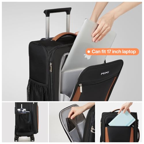mixi Carry On Luggage 20 Inch Softside Expandable Suitcase with Front Pocket, 22x14x9 Airline Approved Rolling Lightweight Travel Suitcases with Wheels & TSA (Black) - Image 4