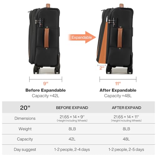 mixi Carry On Luggage 20 Inch Softside Expandable Suitcase with Front Pocket, 22x14x9 Airline Approved Rolling Lightweight Travel Suitcases with Wheels & TSA (Black) - Image 5
