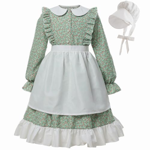 FCCAM FCCAM FCCAM Prairie Dresses for Girls Pioneer Costume 19th Century Long Sleeves Colonial Dress Green XXL age over 4 years old - Image 1